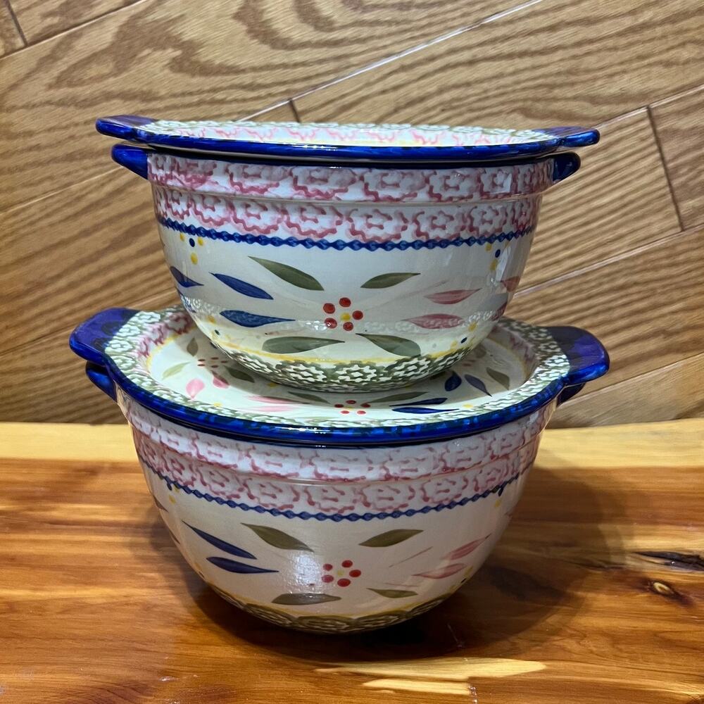 Temp-tations Old World Ceramic Bakeware Nesting Bowls W Lids 1 & 1.5 QT Set